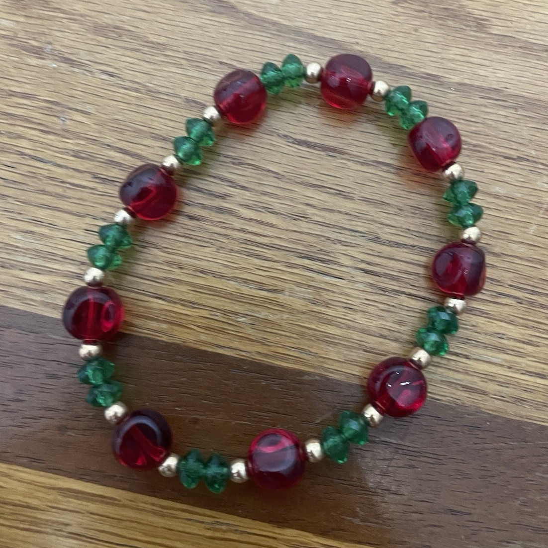 Handmade Red & Green Round Beaded Stretch Bracelet, Round Beads, Stretch Style