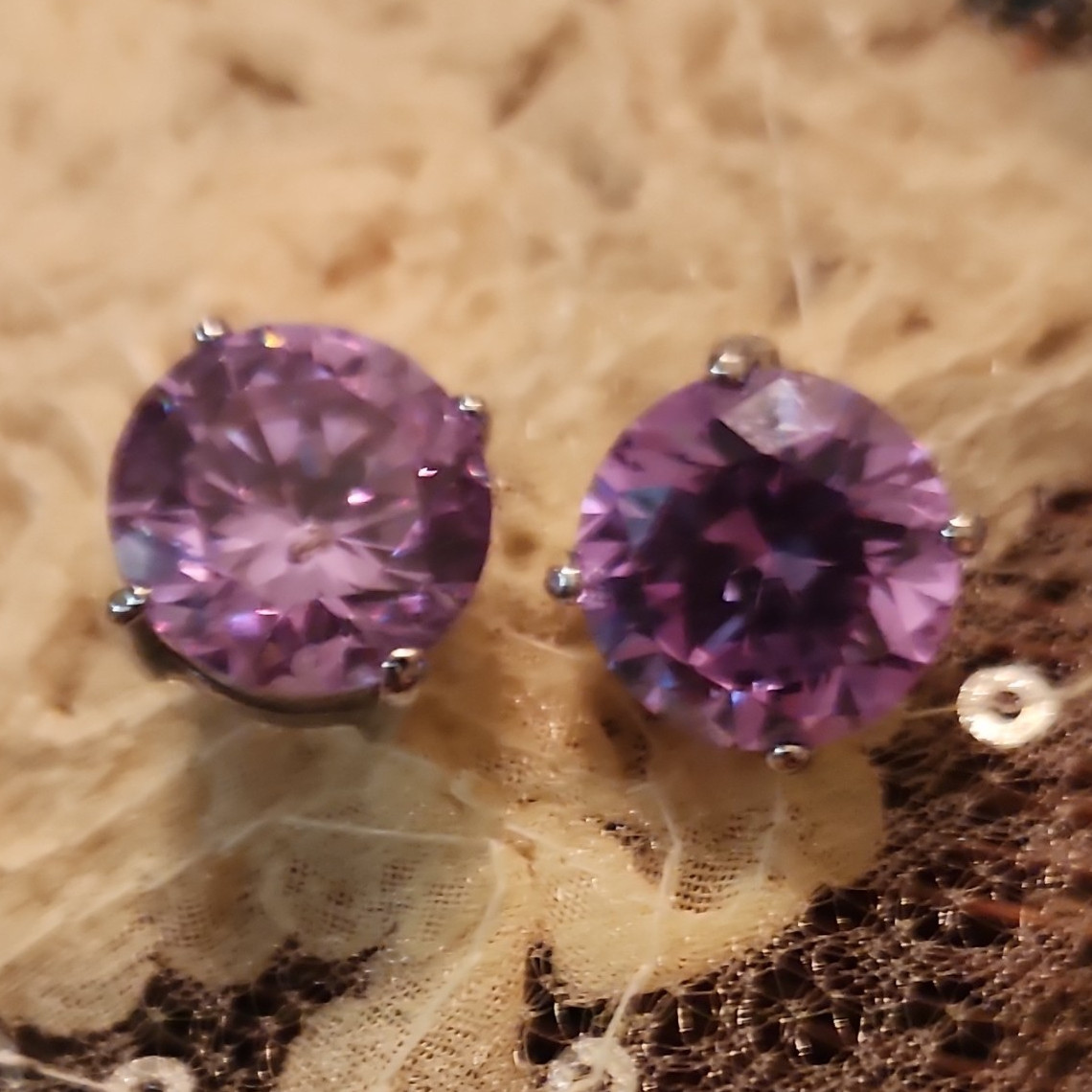 Purple Round Crystal Stud Earrings Prong Set Silver