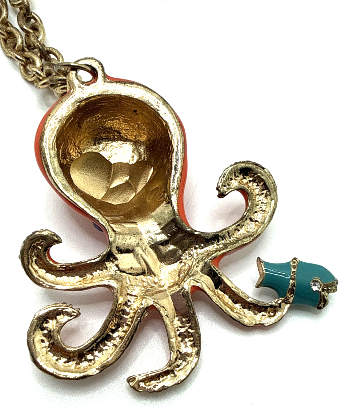 BETSEY JOHNSON Orange Enamel Octopus Pendant Necklace Blue Fish Clear Crystals