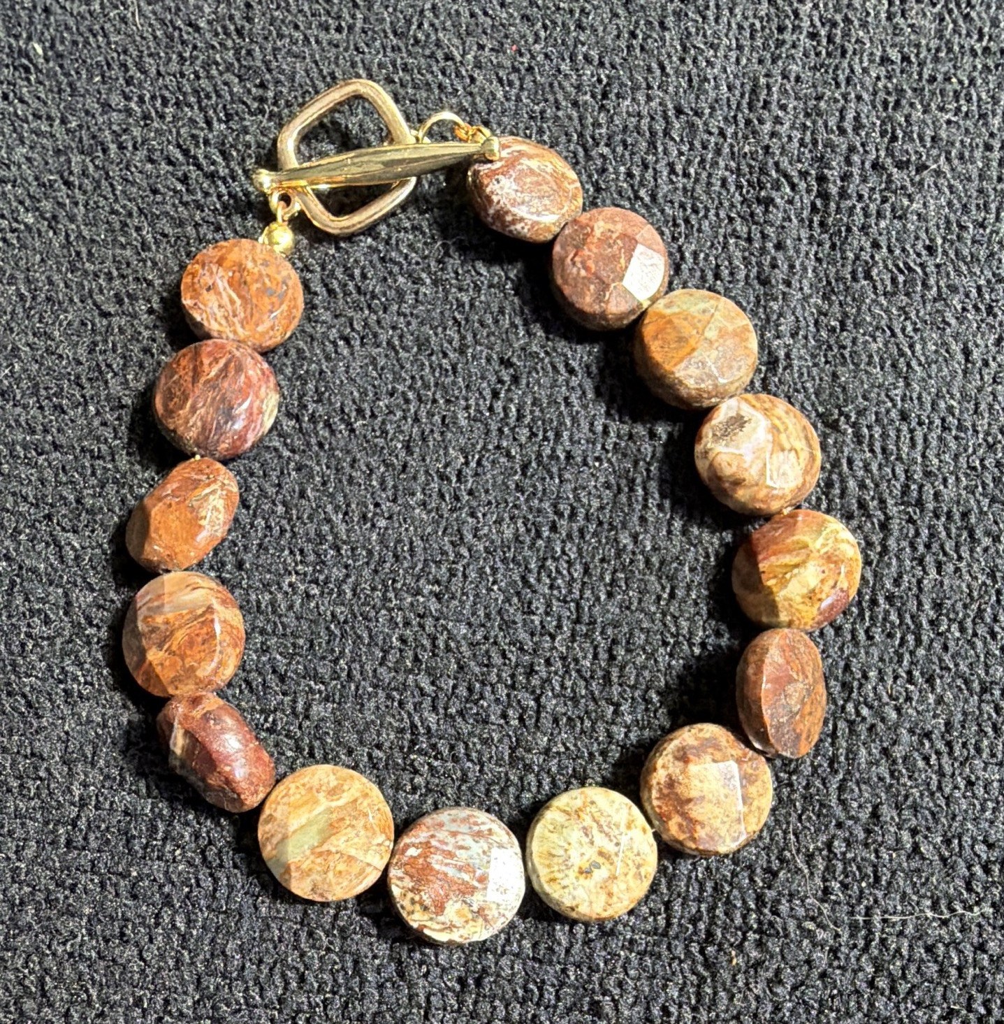 Brown Beige Jasper Stone Round Beaded Bracelet Toggle Clasp