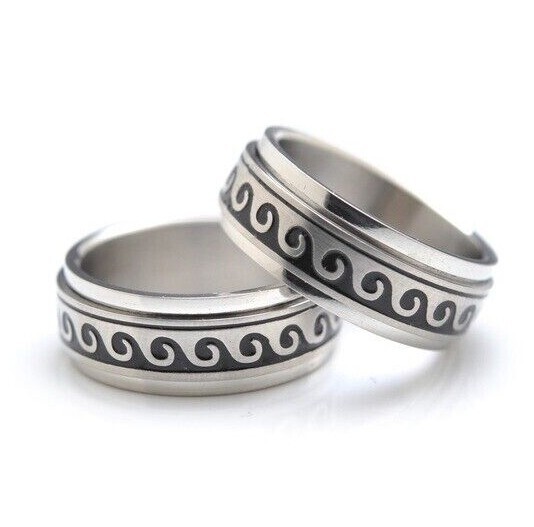 316L Stainless Steel 8mm Spinner Ring – Black Hawaiian Ocean Wave
