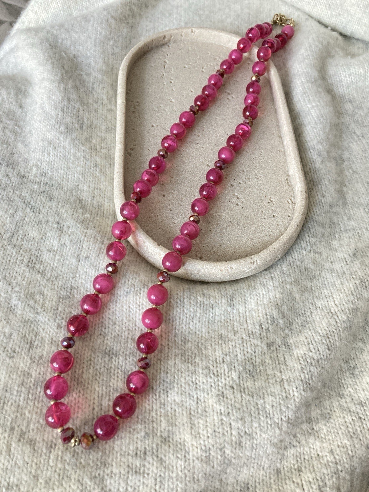 Vintage Raspberry Pink Beaded Necklace Glam Romantic Long Glossy Party Evening