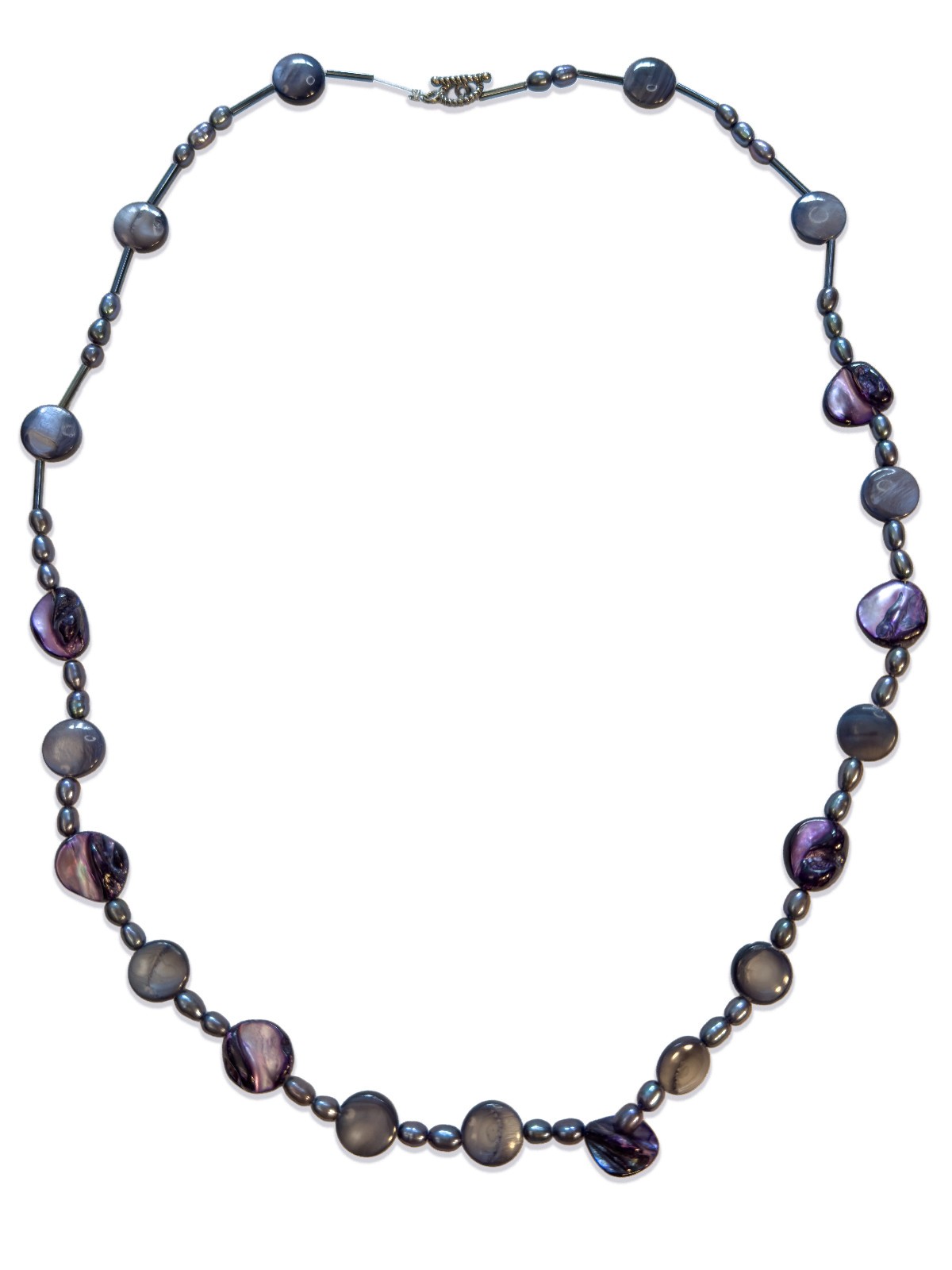 Pearl and Shell Beaded Blue and Purple Iridescent Necklace 24.25”