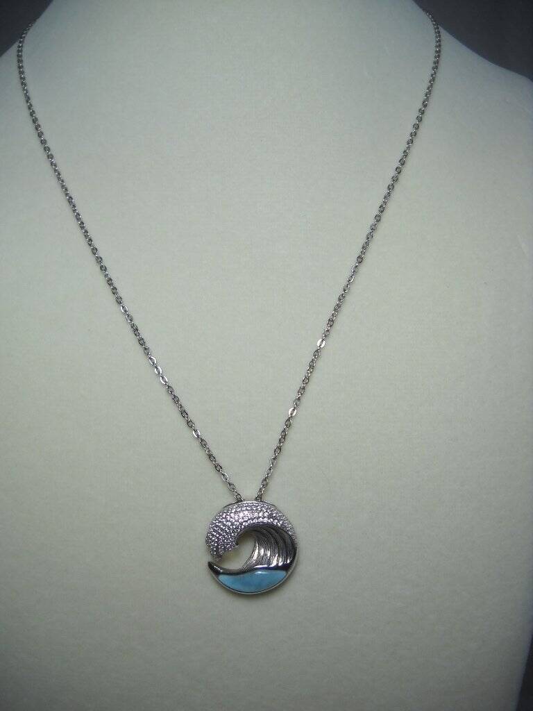 Alamea Hawaii Ocean Wave Larimar Pave CZ Sterling Silver Pendant Necklace Lovely