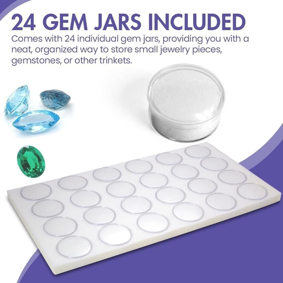 Large Jewelry Display Case 14.75×8.25 + 24 Gem Jars Clear Lid White Foam Tray