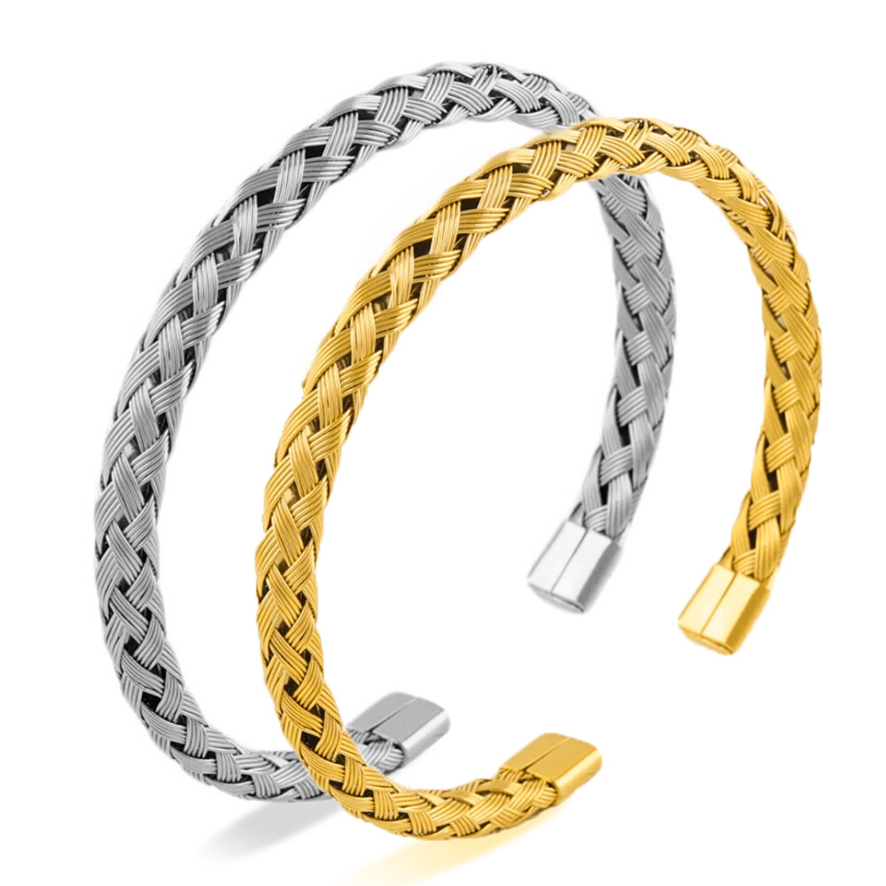 Luxury Stainless Steel Wire Braided Open Cuff Charm Wristband Bangle Bracelets