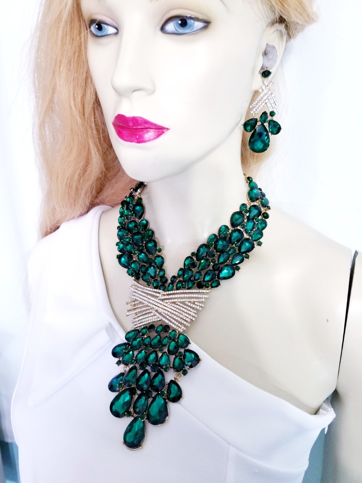 Green X Large Necklace Choker Earring Set Rhinestone Crystal Drag