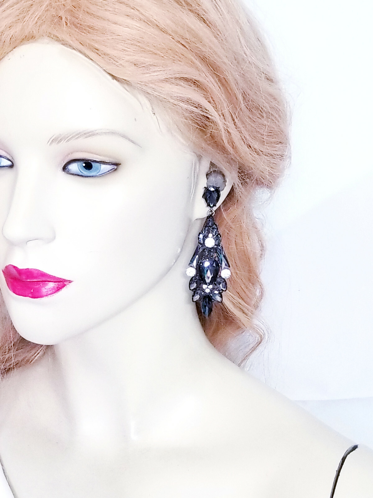 Gray Rhinestone Chandelier Drop Earrings Steampunk Prom Pageant Jewelry 3.2 in