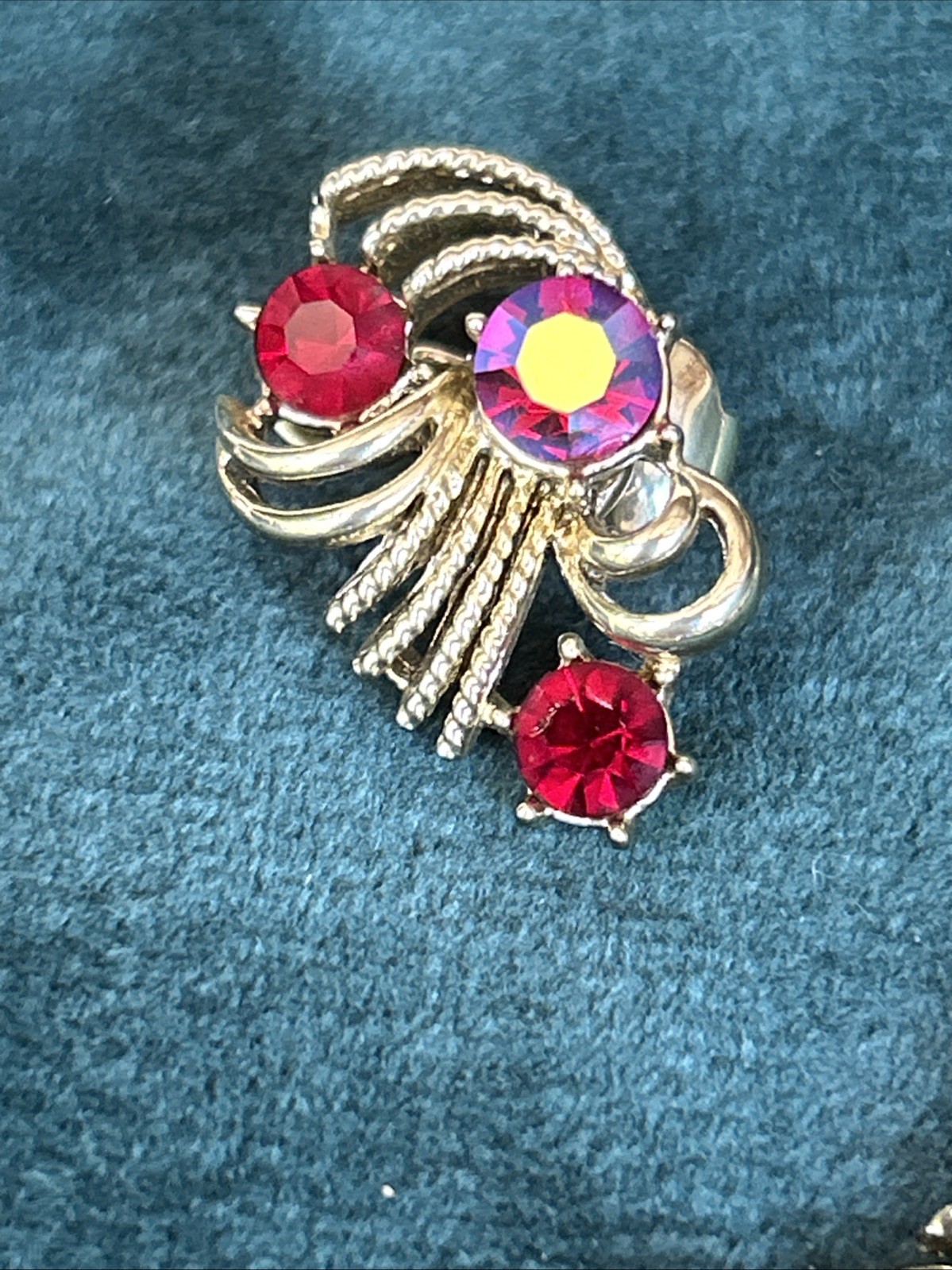 Vtg Coro 3 Piece Set Necklace Bracelet Earrings Red Aurora Borealis Rhinestones