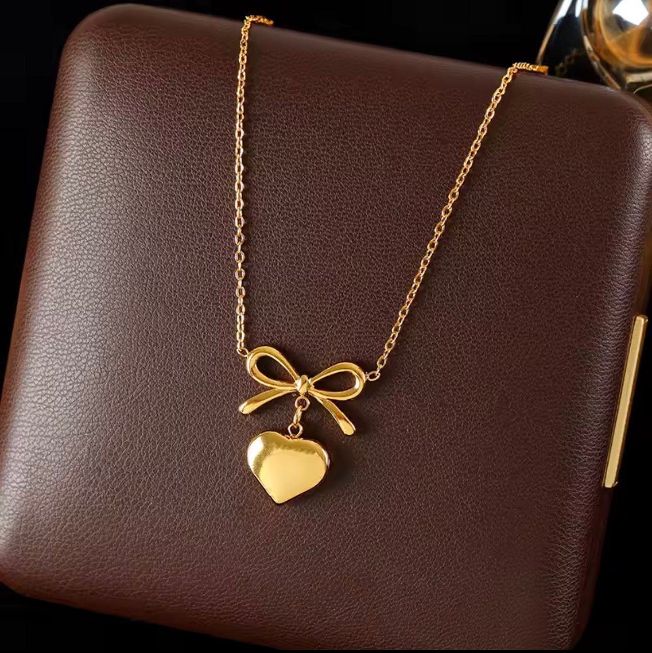 Gold Bow Hear Pendent Necklace Elegant Minimalist Jewelry Gift For Women