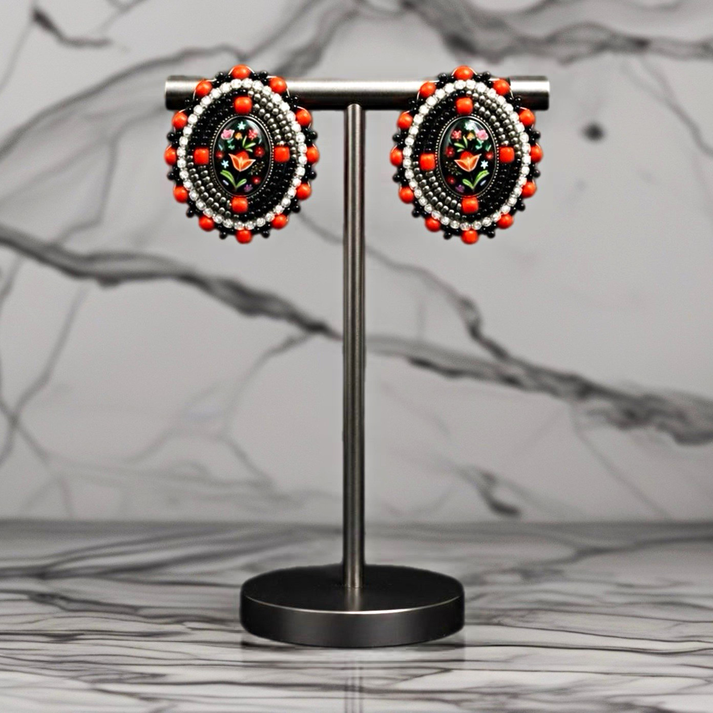 Lone Elm Creations Handmade Beaded Oval Floral Glass Stud Earrings Multicolor