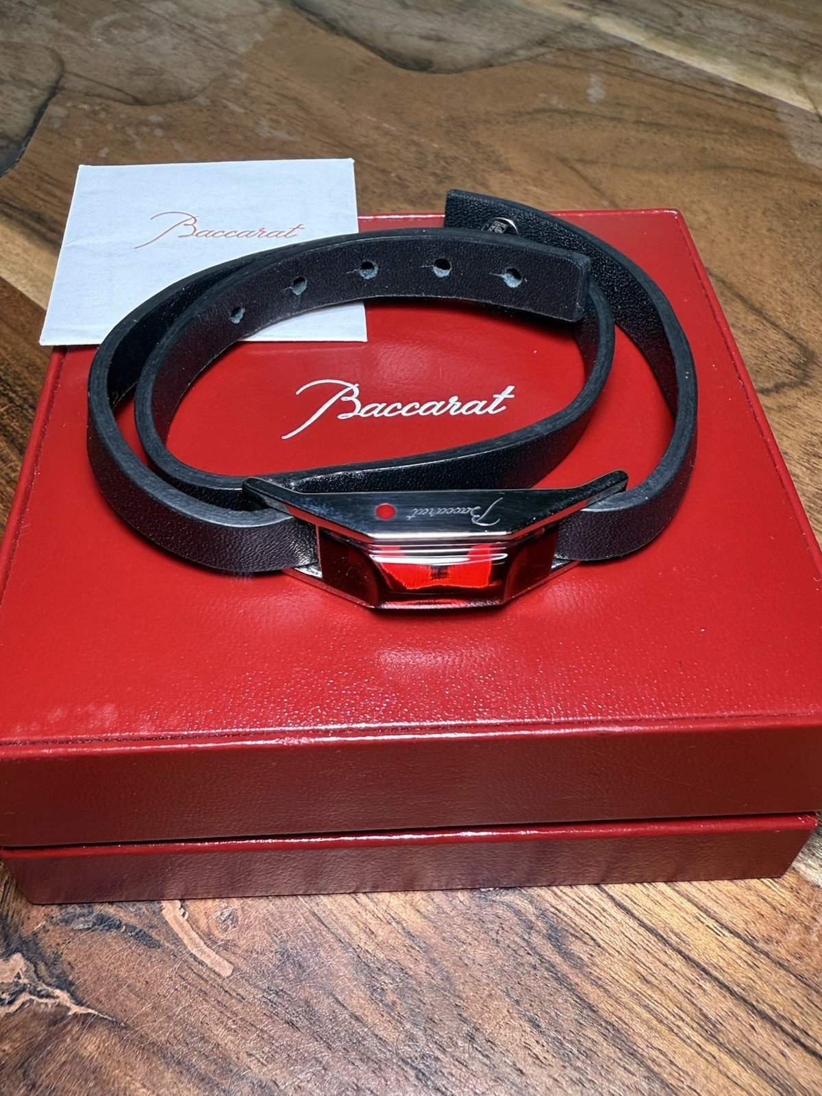 BACCARAT RED CRYSTAL LEATHER CABLE DOUBLE WRAP BRACELET AND S.S .925 / 6.5-7.5”