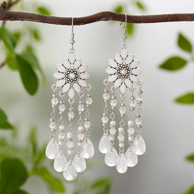 Bohemian Vacation Style Water Drop Tassel Earrings for Women Vintage Long Drop