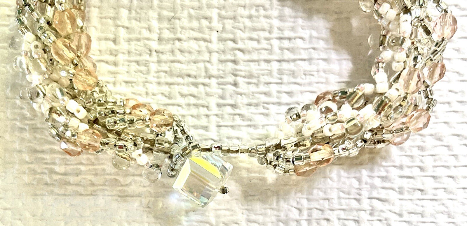 Bracelet MultiStrand Seed Bead Torsade 8” Pale Pink White Clear Crystal Closure
