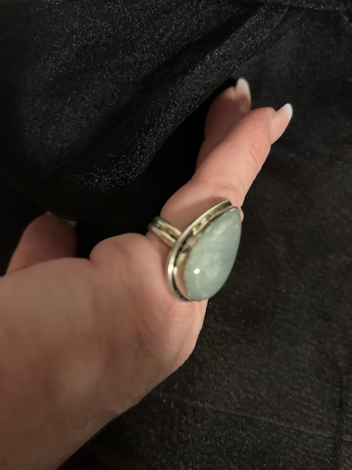925 Silver Vintage Bezel-Set Green Teardrop Cabochon Stackable Ring Size 7 1/2