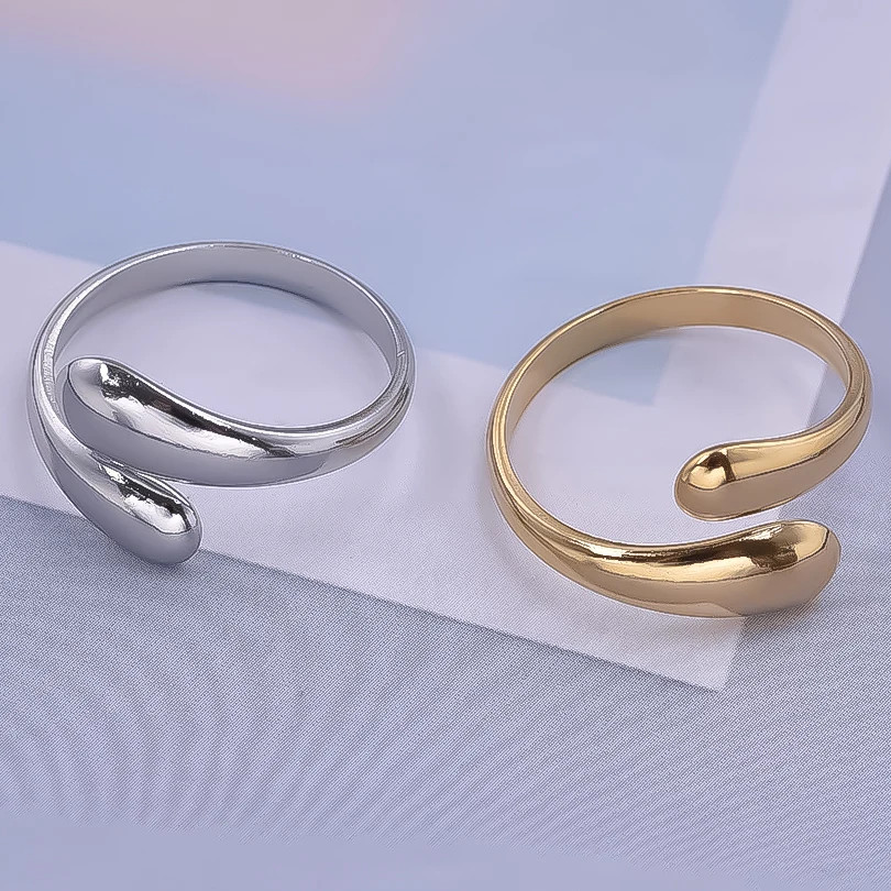 2PCS Stainless Steel Ring Leaf Water Droplet Adjustable Gold Plated Jewelry