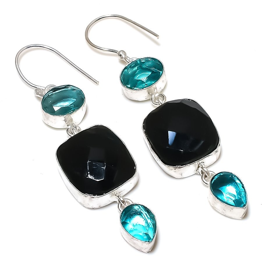 Black Spinel, Blue Topaz Gemstone Handmade Jewelry Earring 2.60″