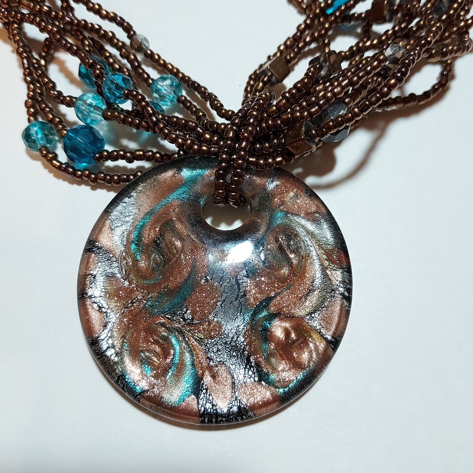 VINTAGE Glass Blown Copper Foil Pendant, Multi-Strand Seed Bead Necklace