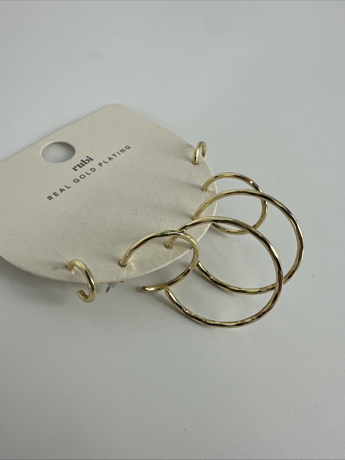 3 PAIRS Cotton On Rubi Mid Earring Real Gold Plated Hammered Metal Skinny Hoop