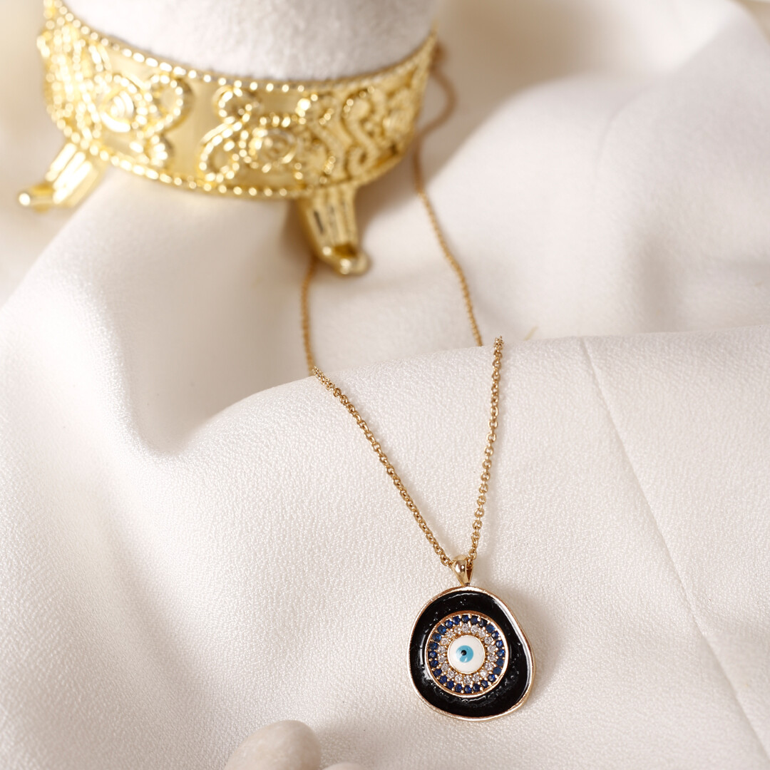 PERGEN 14K Gold-Plated Black, Authentic Evil Eye Necklace Summer Minimalist Gift