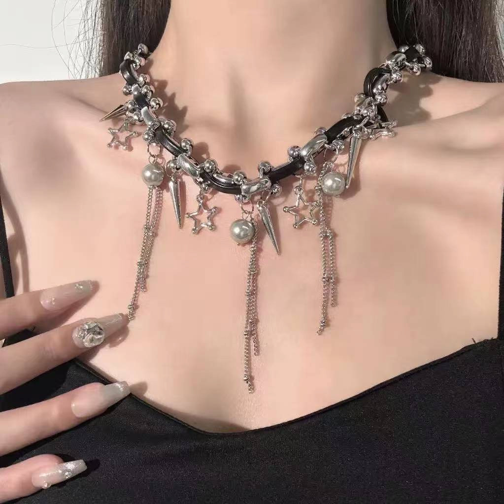 Y2K Punk Star Spike Tassel Choker Necklace