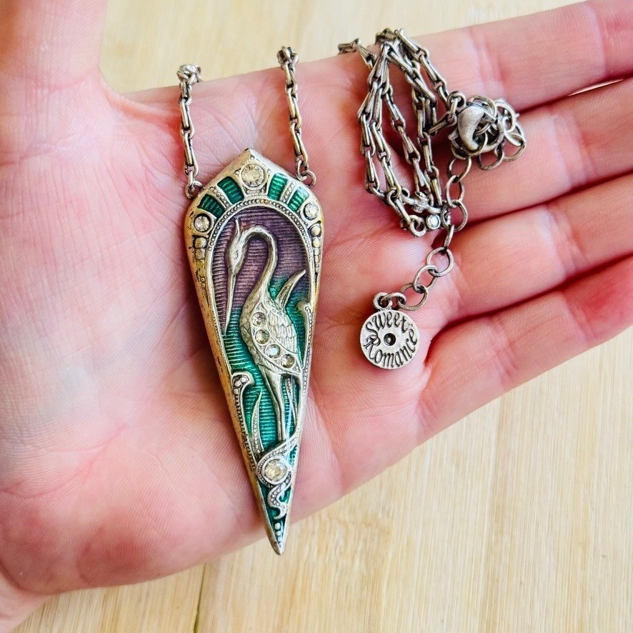 Sweet Romance USA Enamel Egret Art Nouveau Necklace Silver Enamel Rhinestone 22″