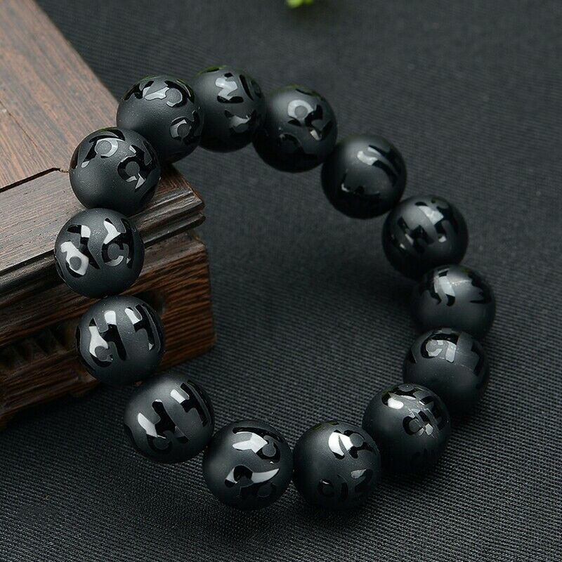 Genuine Natural Black Obsidian Gold Six Words Round Beads Bracelet 8-16mm AAAA