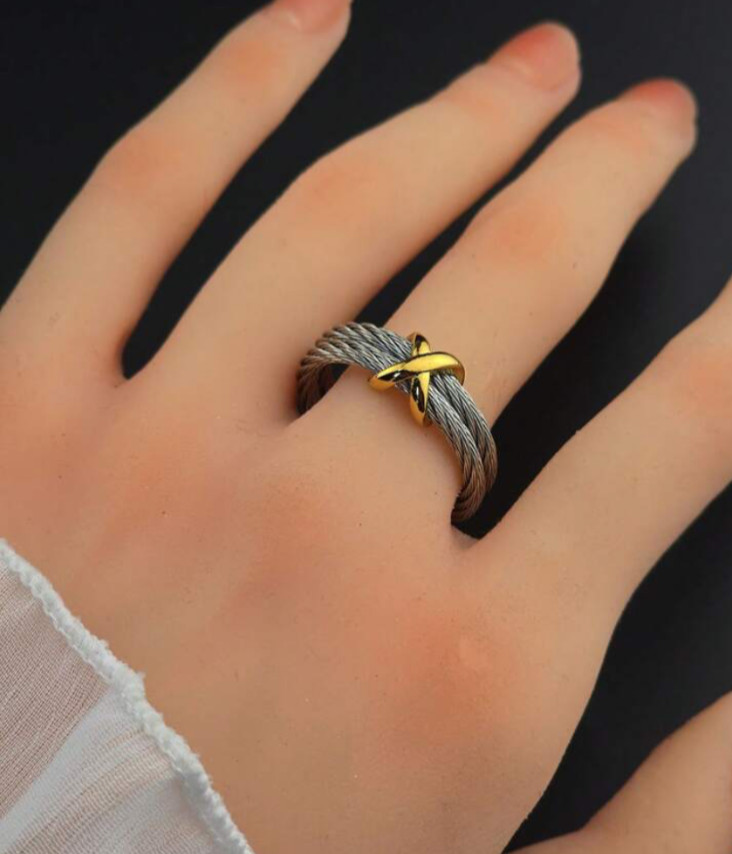 Contemporary Stainless Steel Cable Ring Gold Crisscross Accent