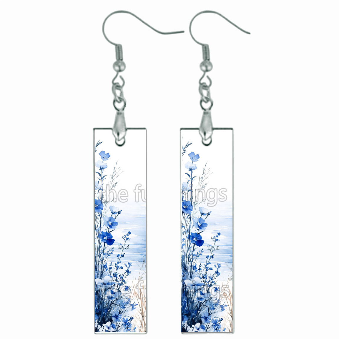 Boho Blue Wildflowers Bar Earrings Wood Dangle Handcrafted Floral Jewelry Gift