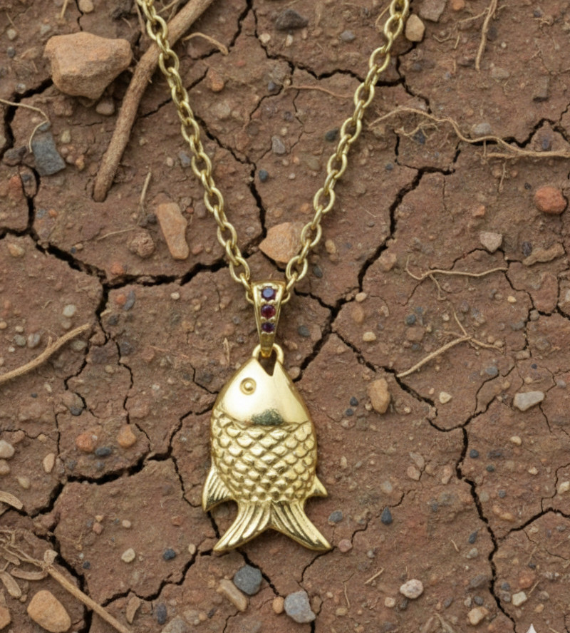 Elegant Look Pure Brass Unique Fish Gold Color Design Pendent Comes With Chain.