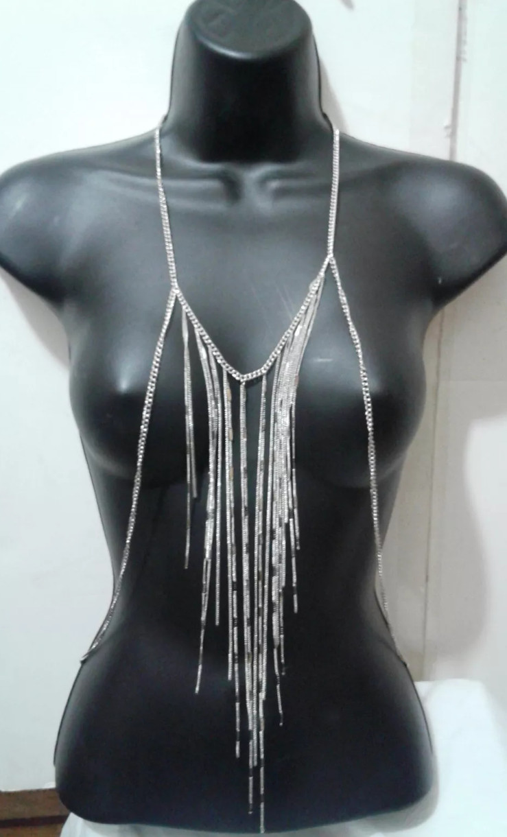 Silver Metal Fringe Body Chain Statement Draped Necklace Party Costume NEW