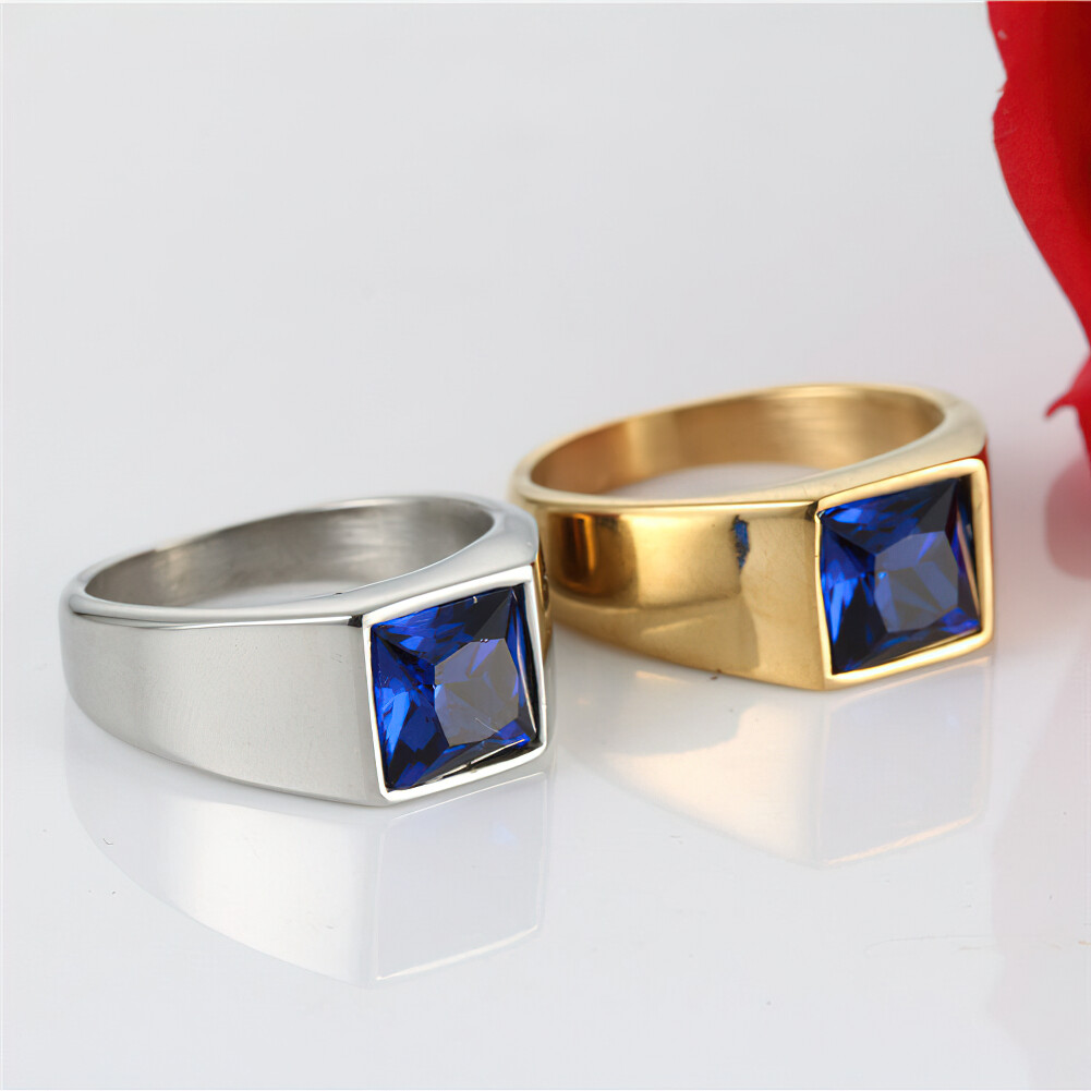 Men Women Square Cut Stone Signet Ring Stainless Steel Cocktail Statement Gift