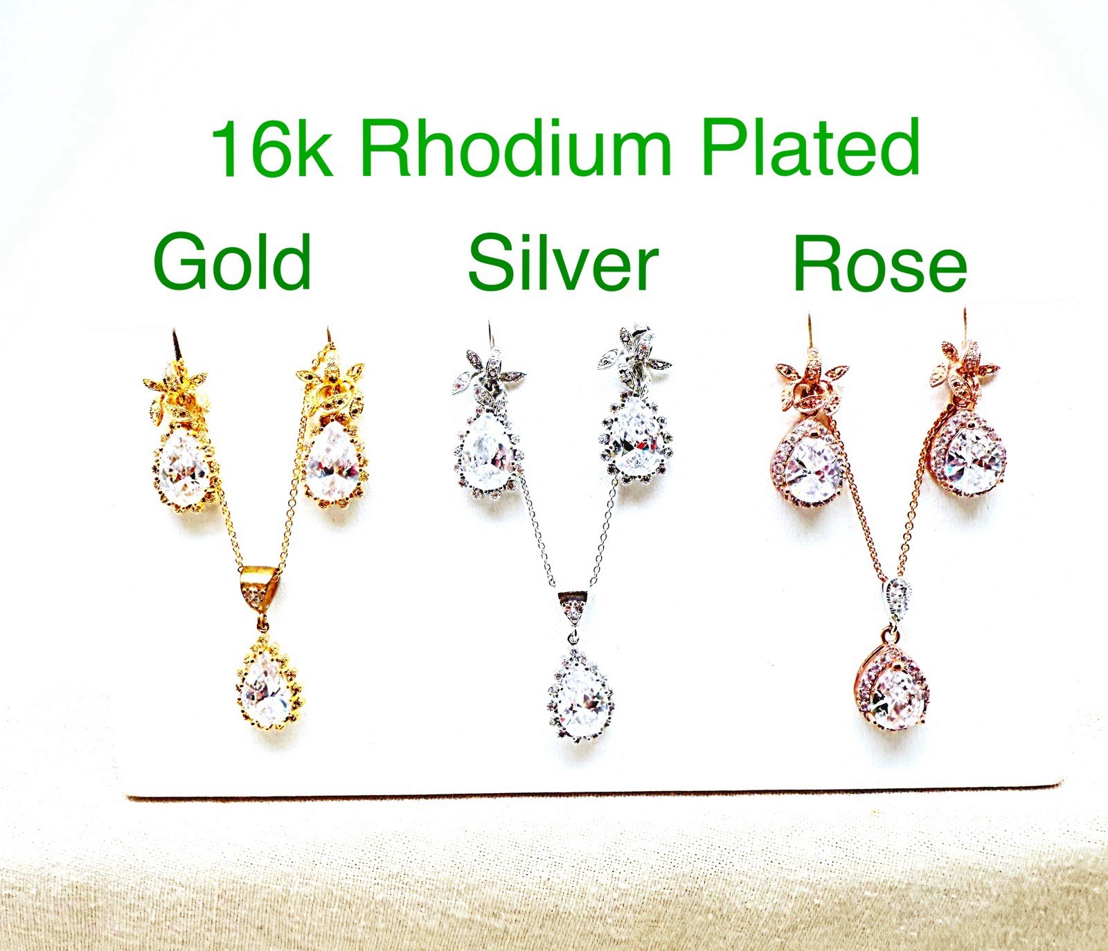CZ Bridal Earring & Necklace Sets In Yelllow,White & Rose Gold , New, Gift Box