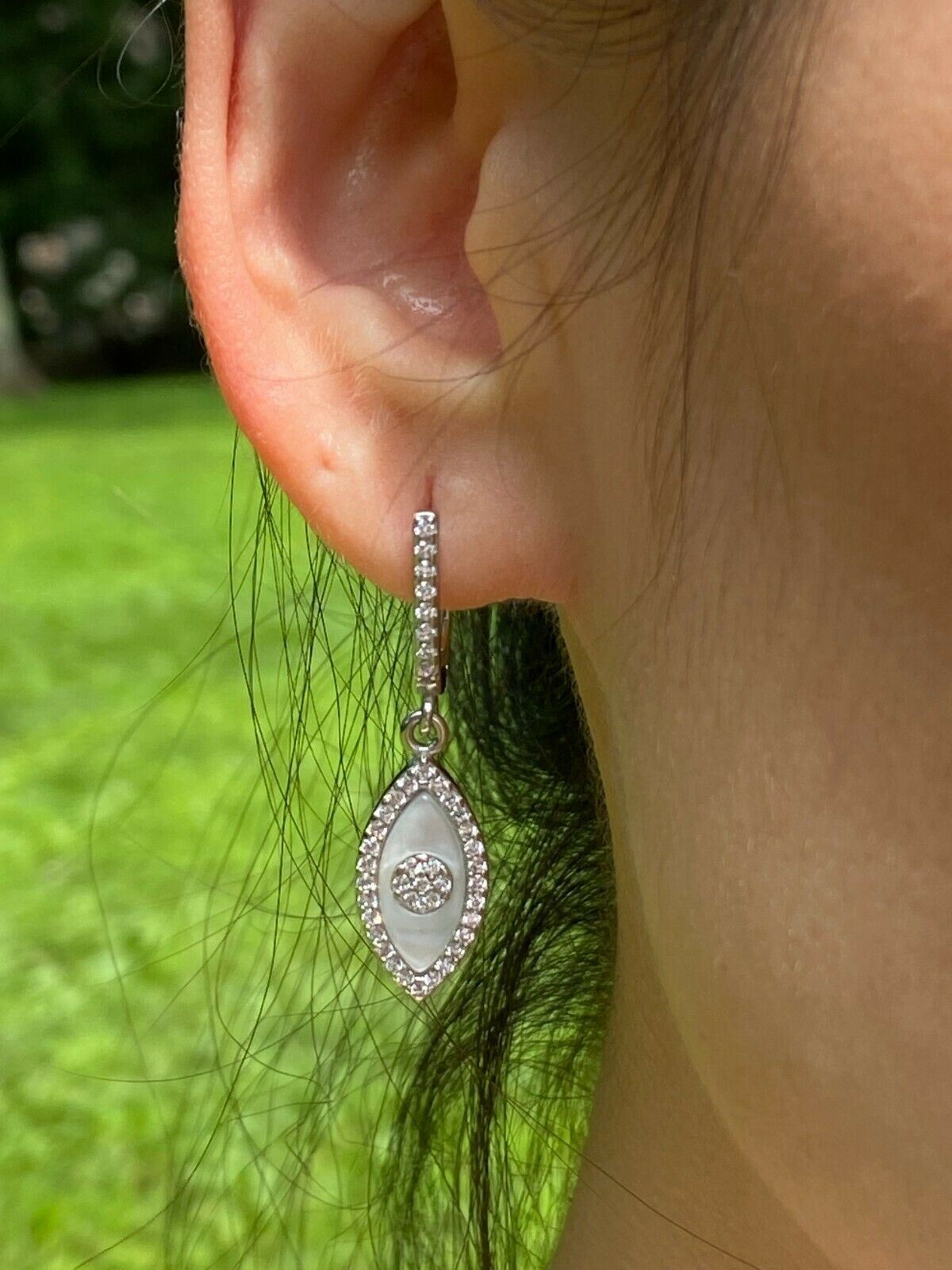 Real 925 Silver Iced Lucky Evil Eye Pearl Ring Necklace Earring Ladies Girls Set