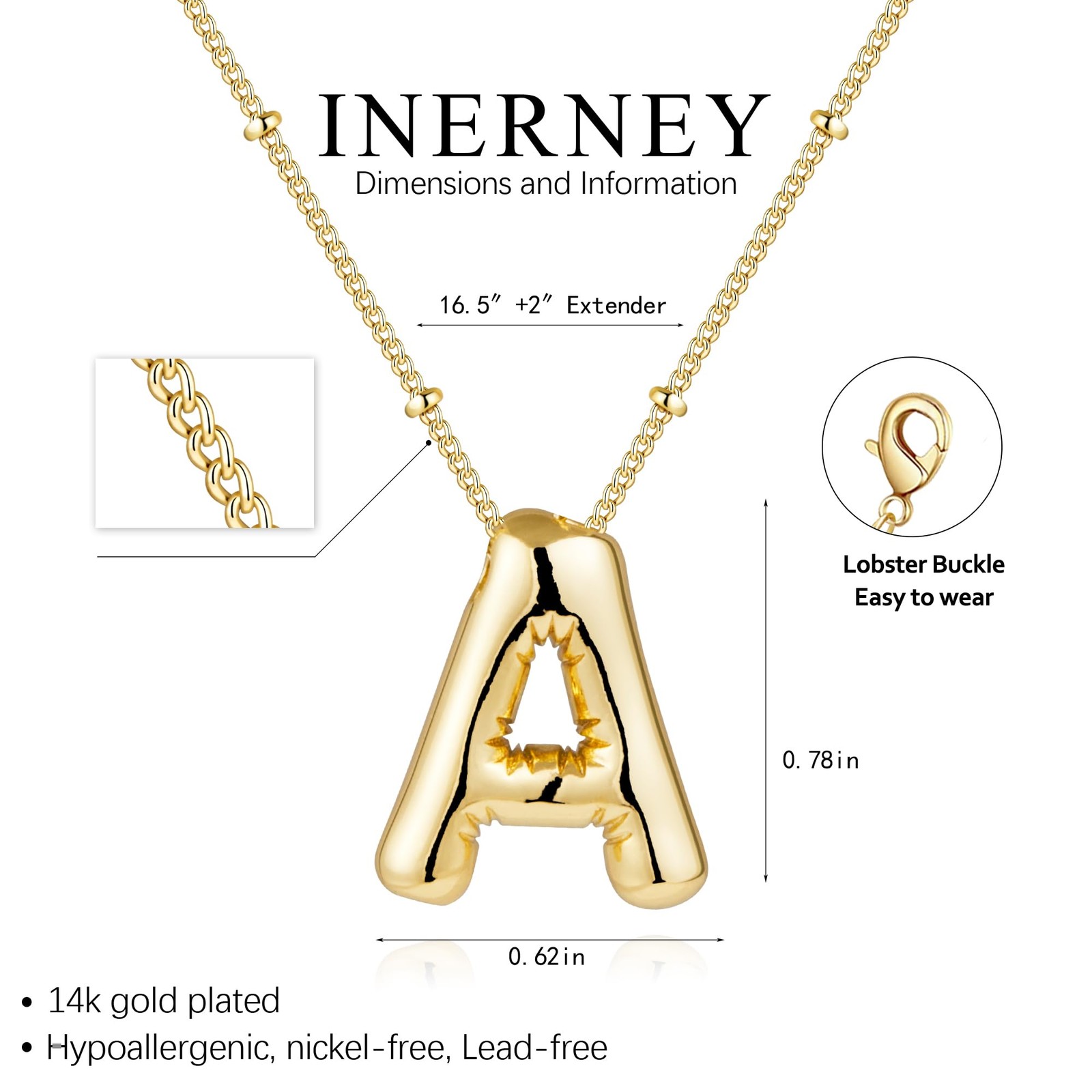 Gold Bubble Letter A Initial Necklace for Women, Balloon Alphabet Pendant Cha…