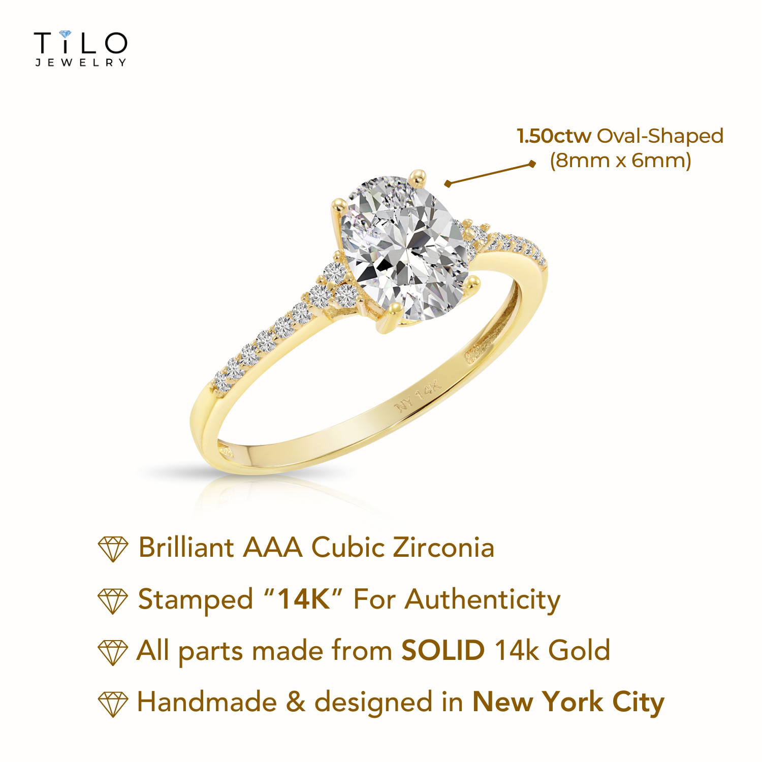 14K Real Solid Yellow Gold 1.50 Carat Solitaire Oval Engagement Wedding Ring