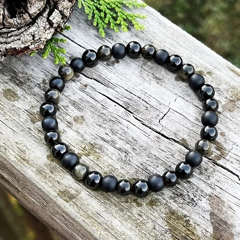 6mm Triple Protection Bracelet Black Tourmaline Gold Sheen Obsidian Black Onyx