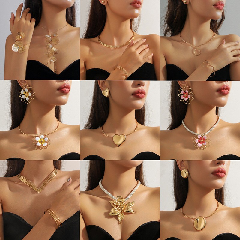Big Bold Gold Statement Necklace Earrings Set Fashion Chunky Art Design Jewelry