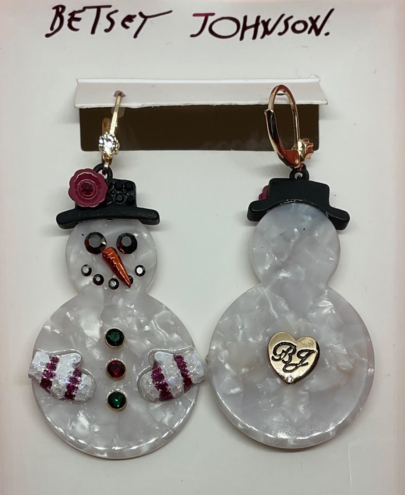 Betsey Johnson Signed Snowman Dangle Earrings Statement Big Fun Festive