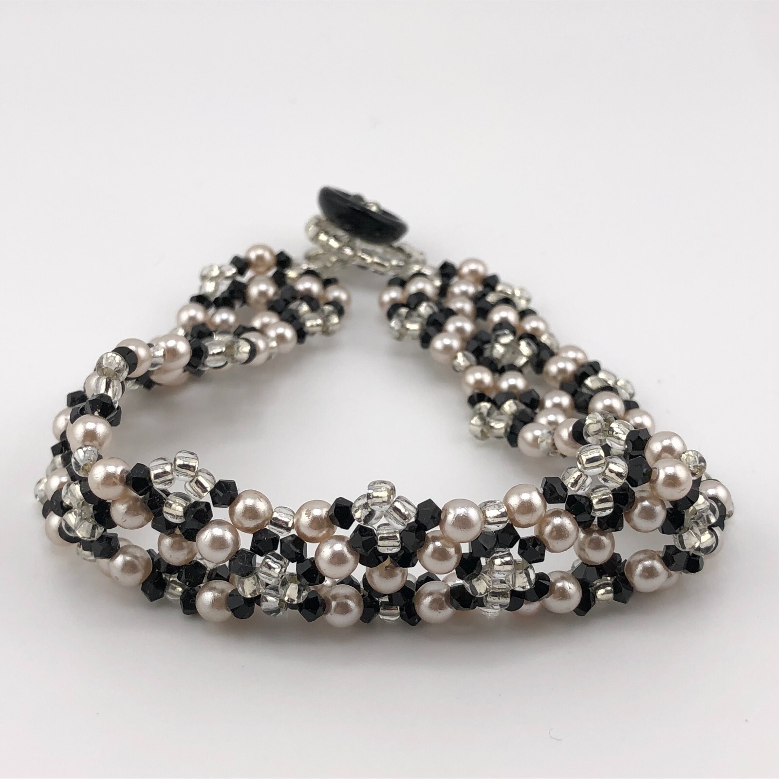 Woven Bead Bracelet Black, White & Pale Pink Beads Valentine’s Retro Festival