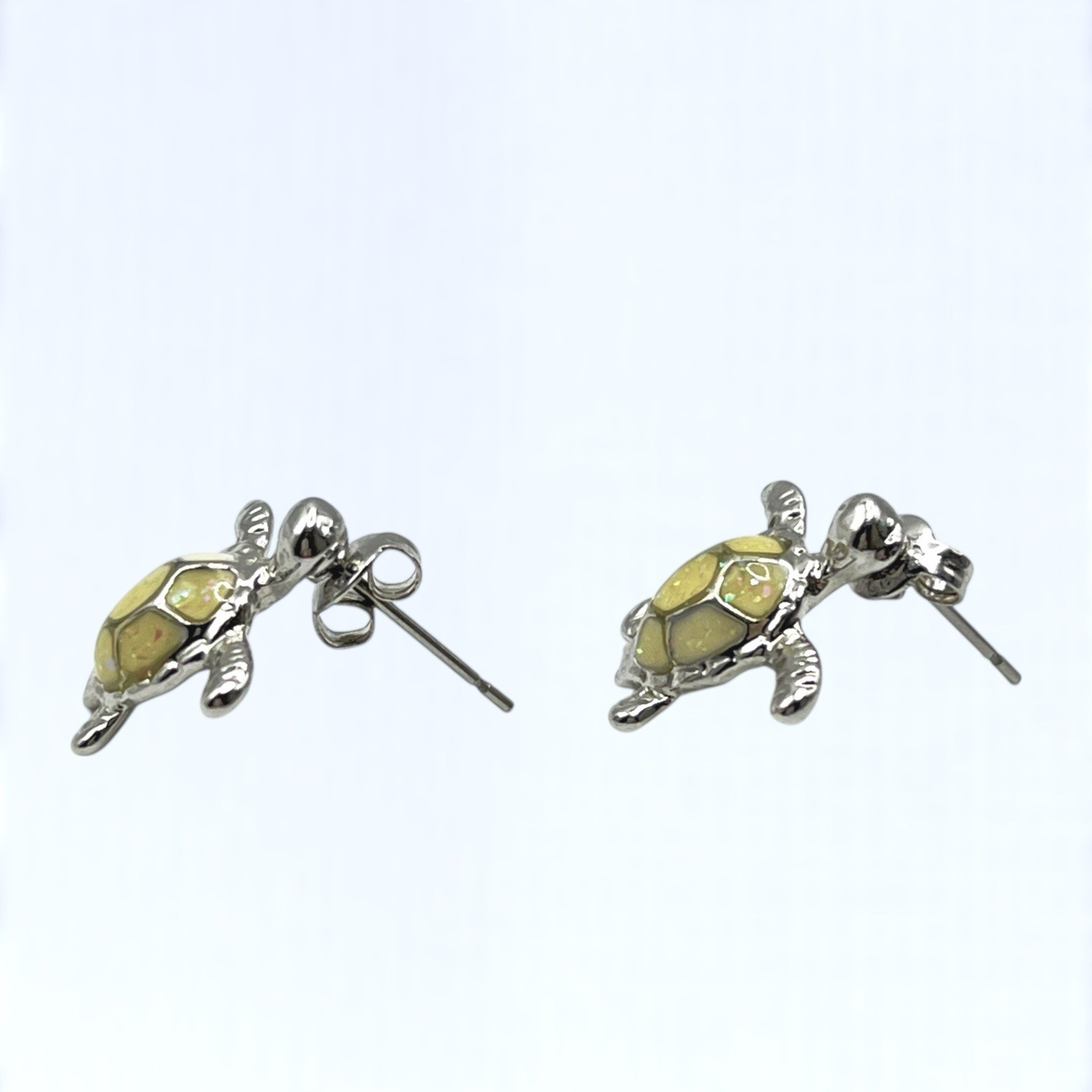 Sea Turtle Earrings Stud Silver Tone Cream Glitter Inlay Beach Tropical Vacation