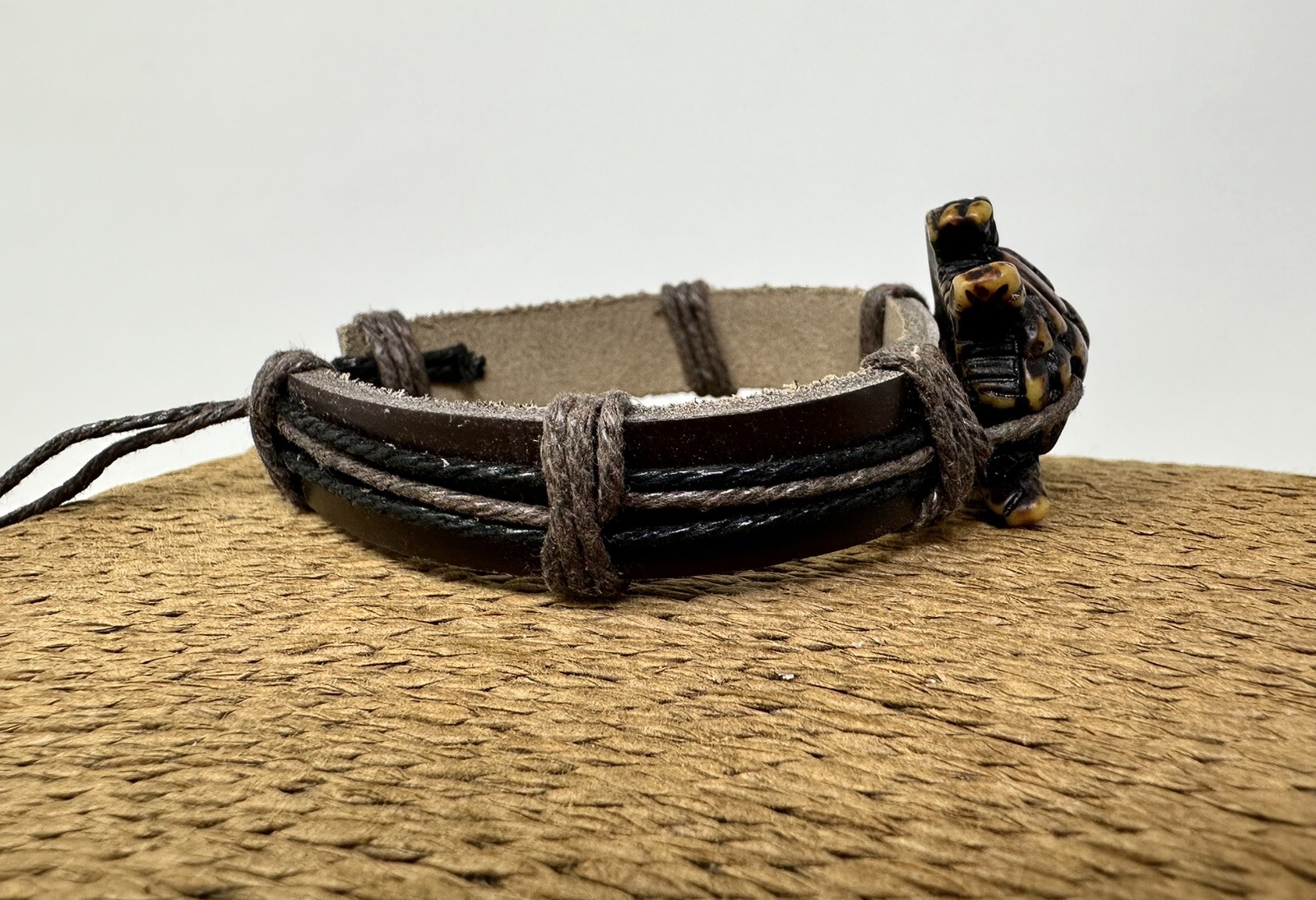 Handcrafted Brown Turtle Bracelet with Adjustable Leather Cord – Unique Jewelry