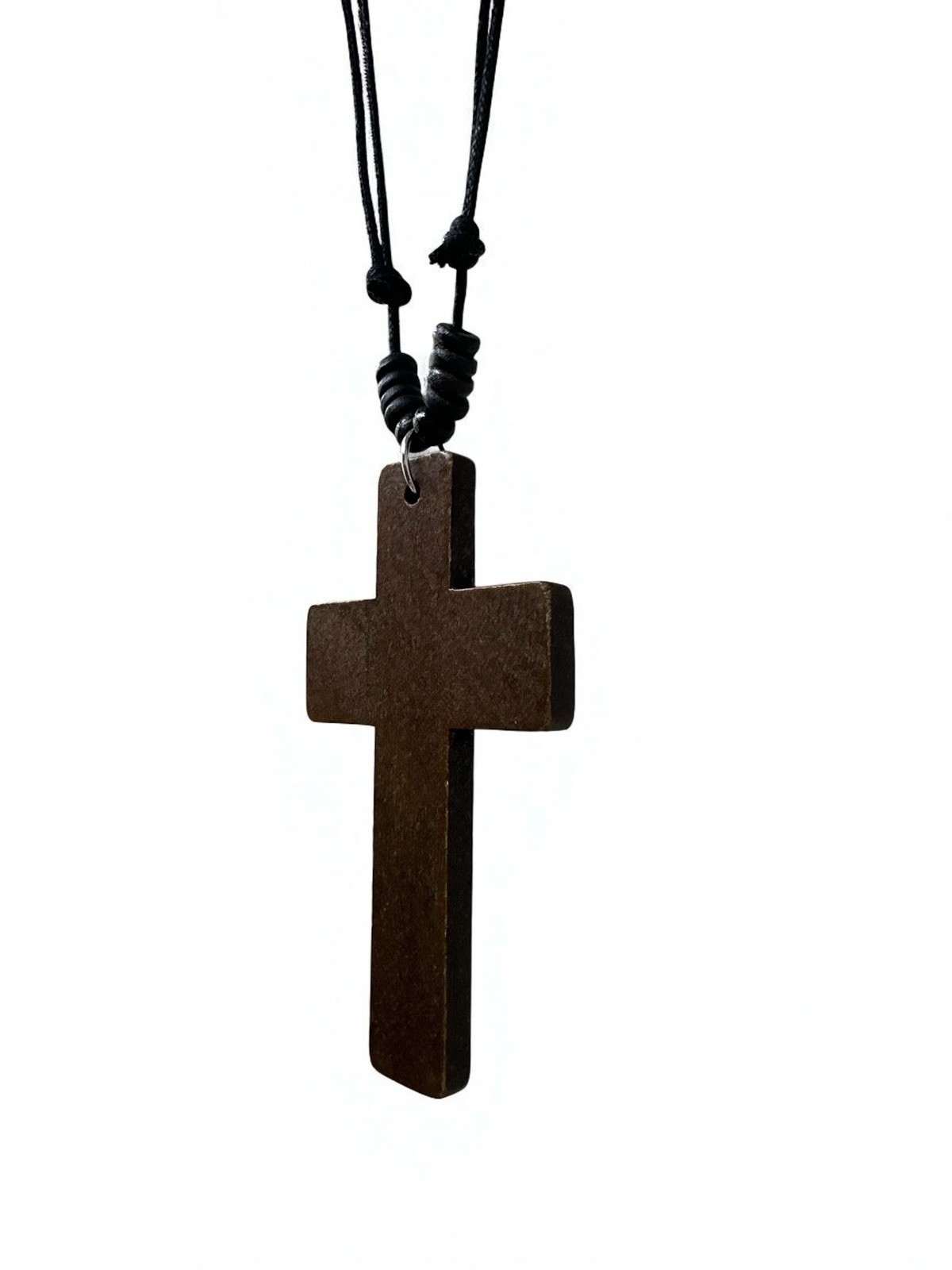 Wooden Cross Necklace 3in Brown Pendant Adjustable 16‑30in Sliding Knots Unisex