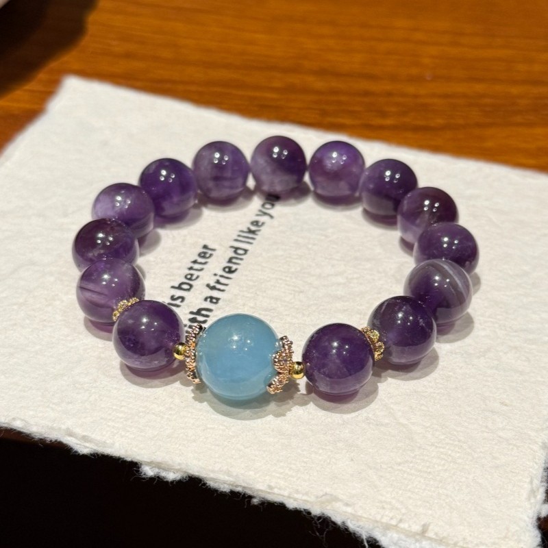 12mm Natural Amethyst and Aquamarine Original Design Handmade Bracelet
