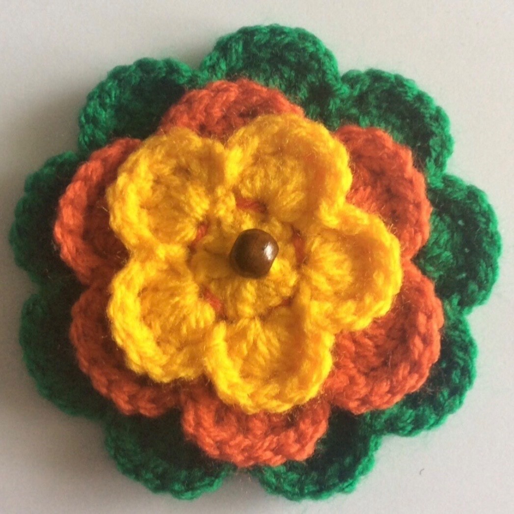 Crochet Flower Brooch Pin Retro Bead Boho Botanical Autumnal Wedding Handmade