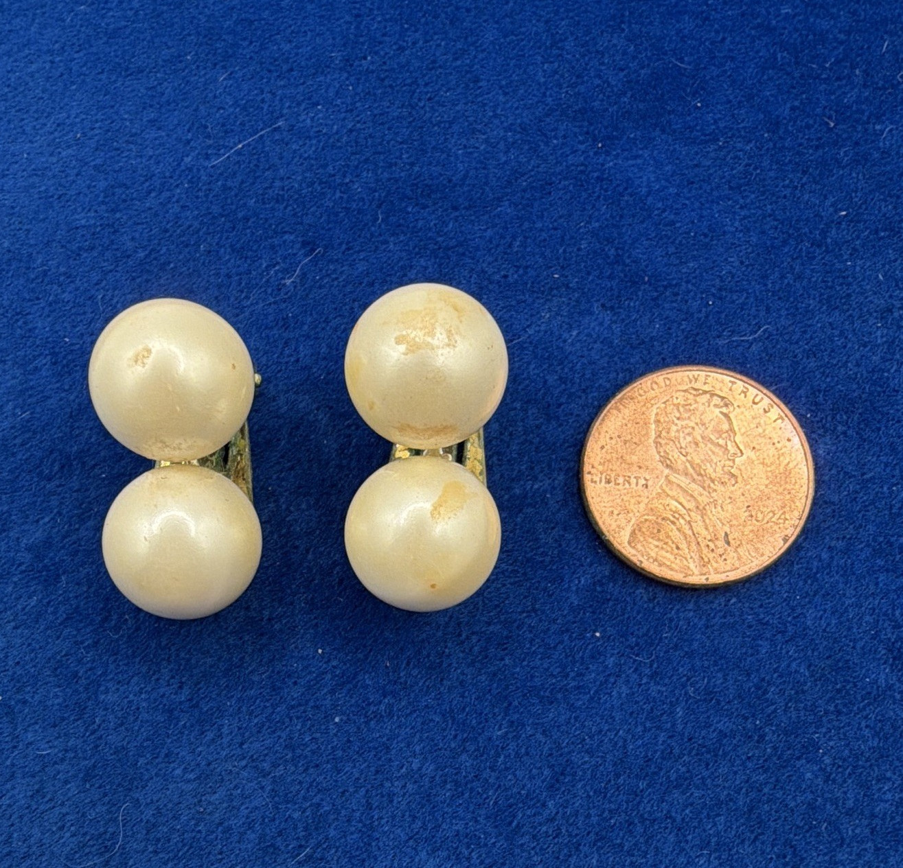 Signed Marvella Clip-On Double Stud Imitation Pearl Earrings Ivory Silver Tone