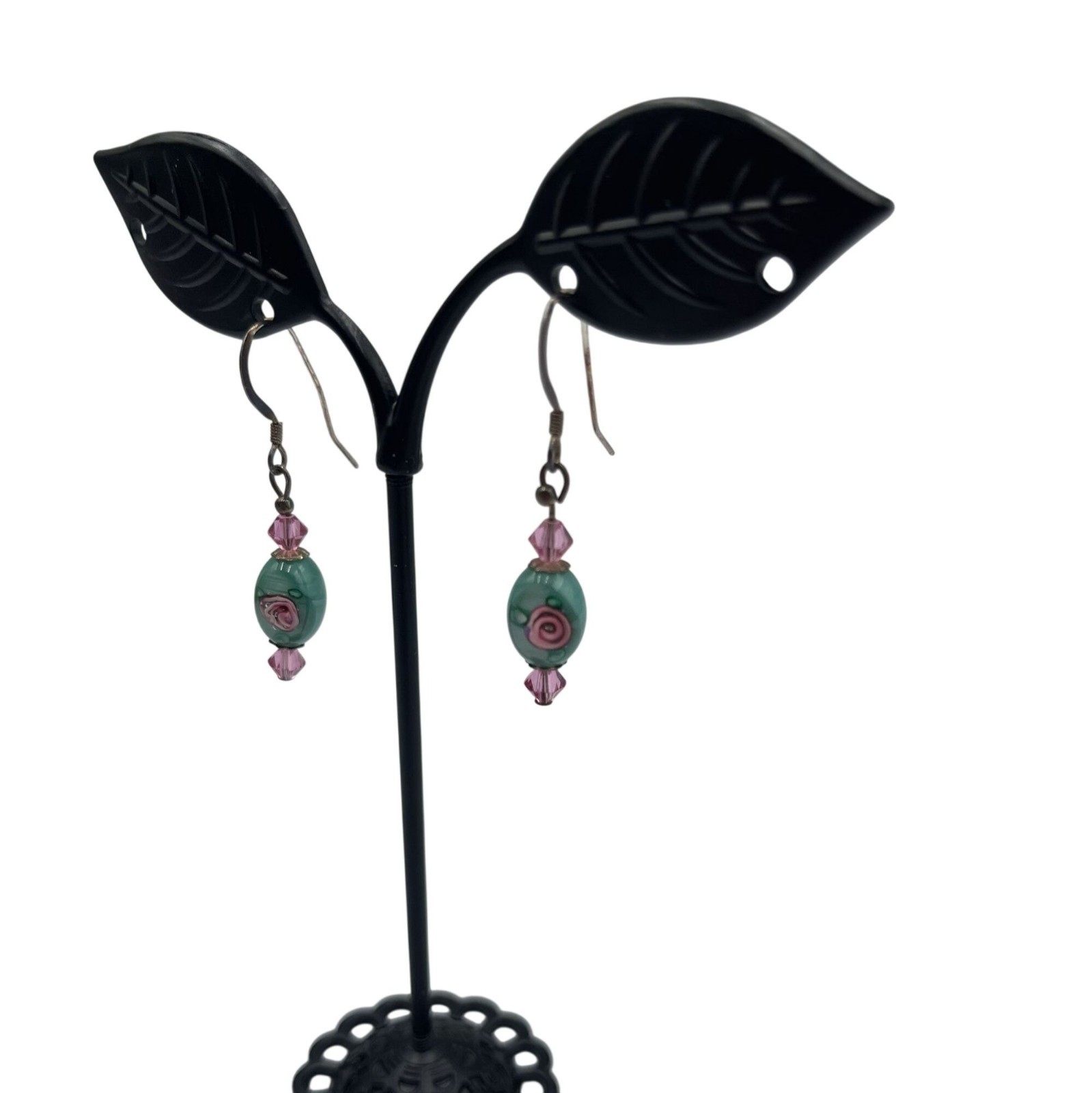 Teal Green Pink Floral Accent Art Glass Beaded Necklace Earring Silver Tone Set