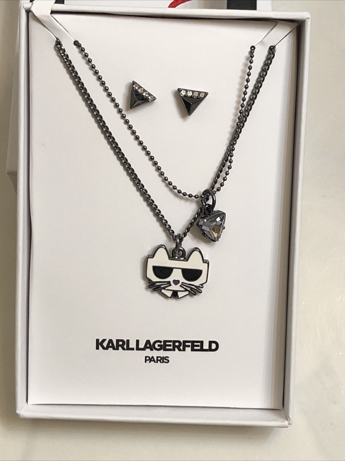 Karl Lagerfeld Paris Choupette Layered Pendant Necklace & Stud Earring Set NIB