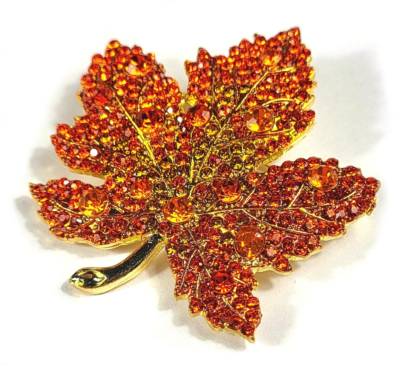 48mm Red Orange Rhinestone Maple Leaf Brooch Fashion Lapel Pin Badge + Gift Box