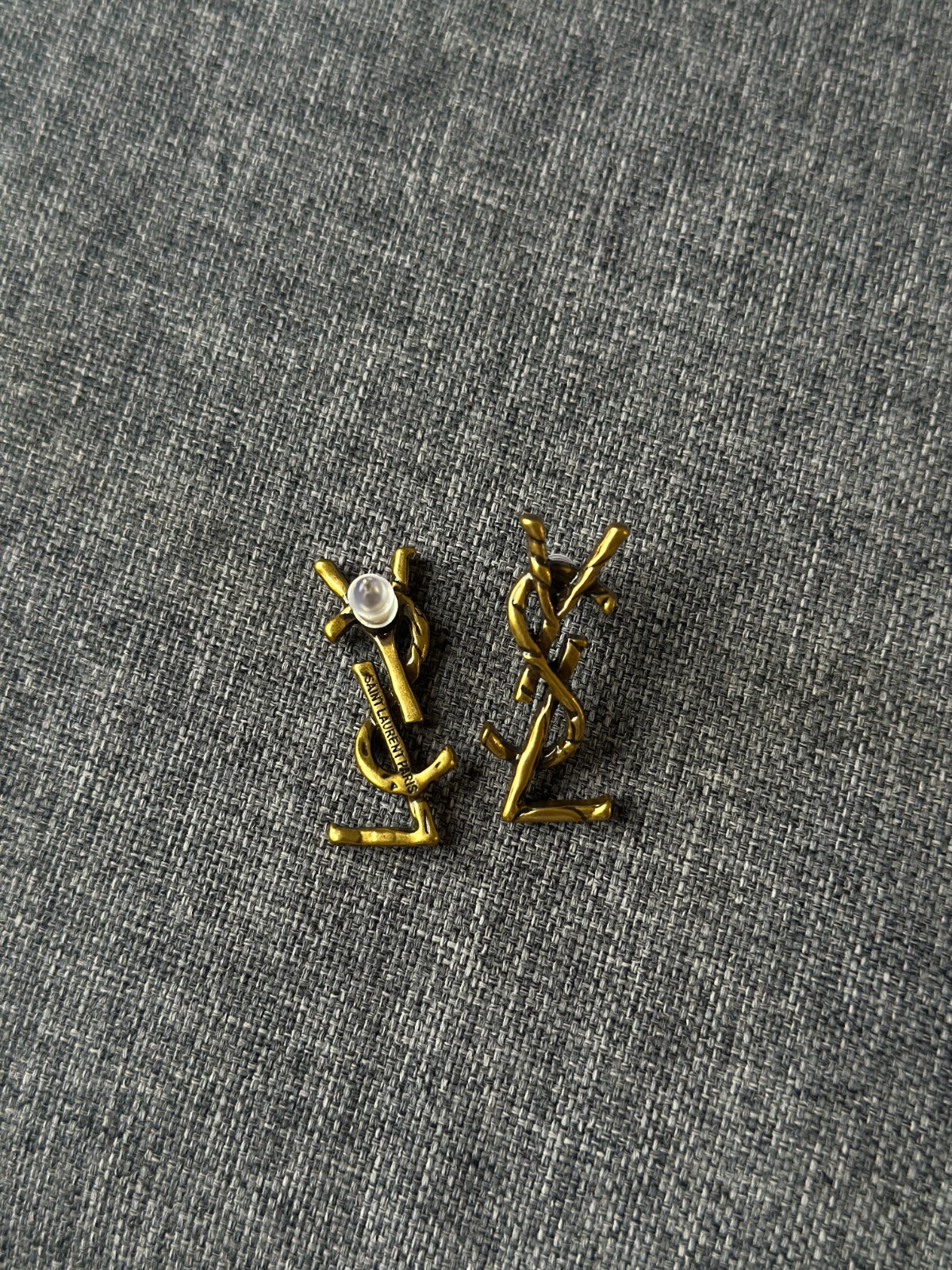 Saint Laurent YSL Monogram Logo Stud Earrings Gold Tone Statement Jewelry